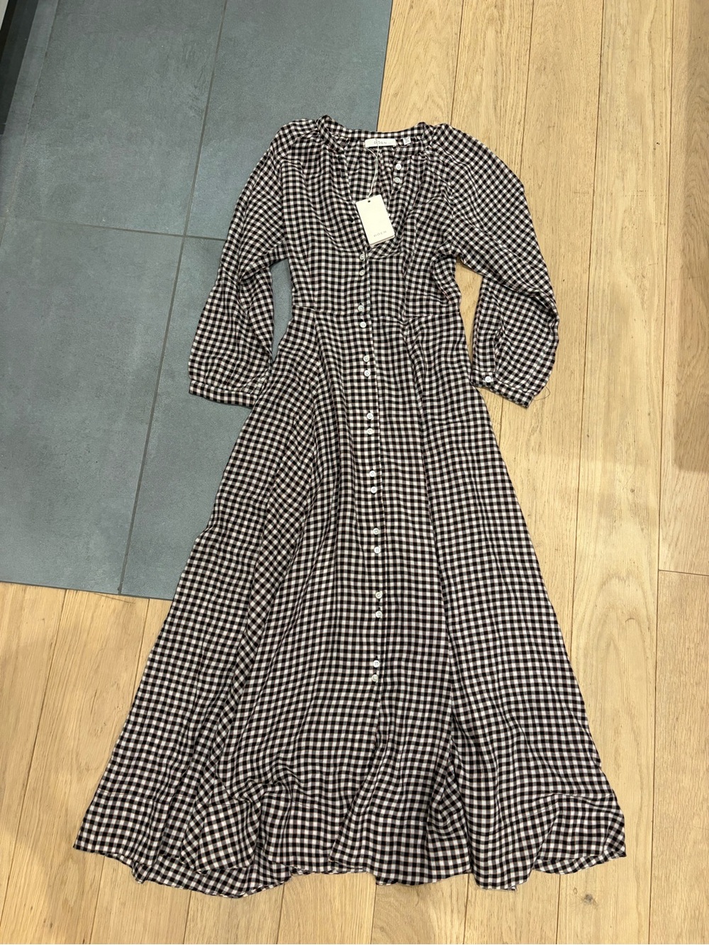 Doen Madelaine Brown Long Sleeve Gingham Maxi Dress NWT